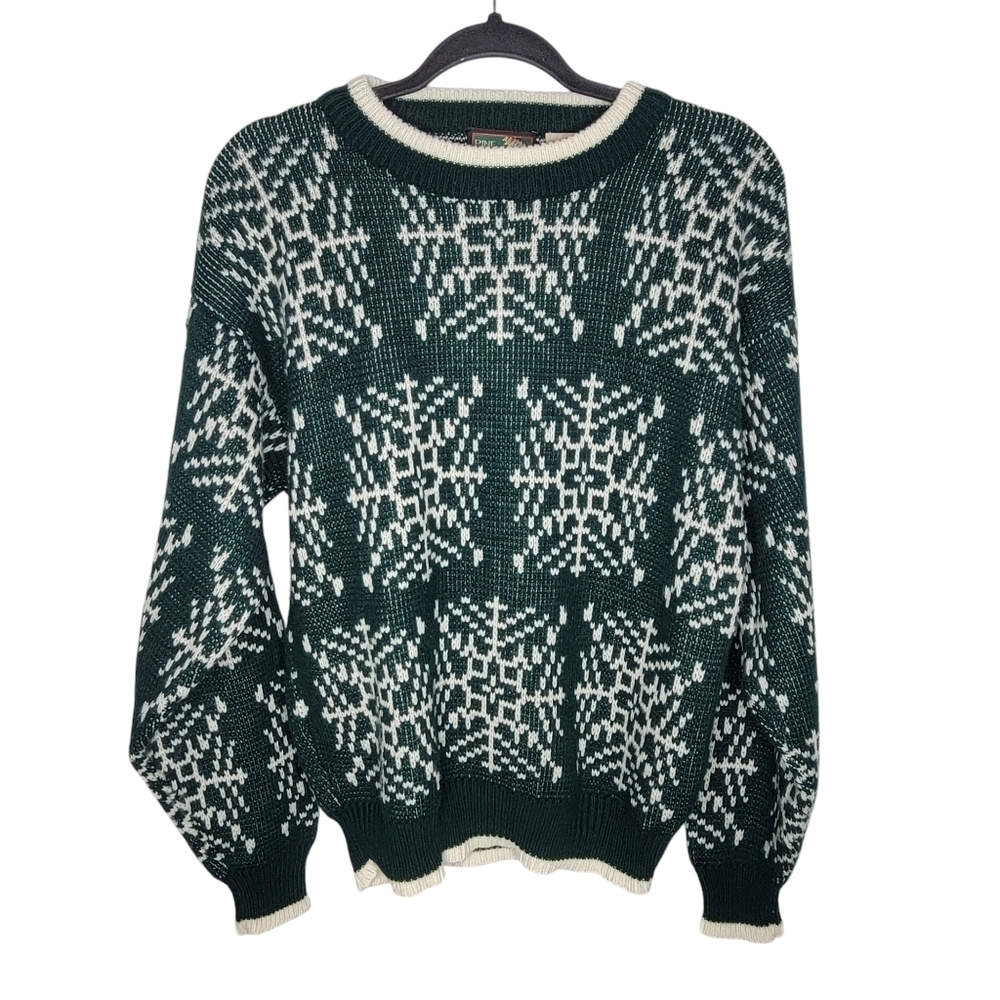 Vintage 90s Snowflake Green White Crewneck Sweater Size Medium